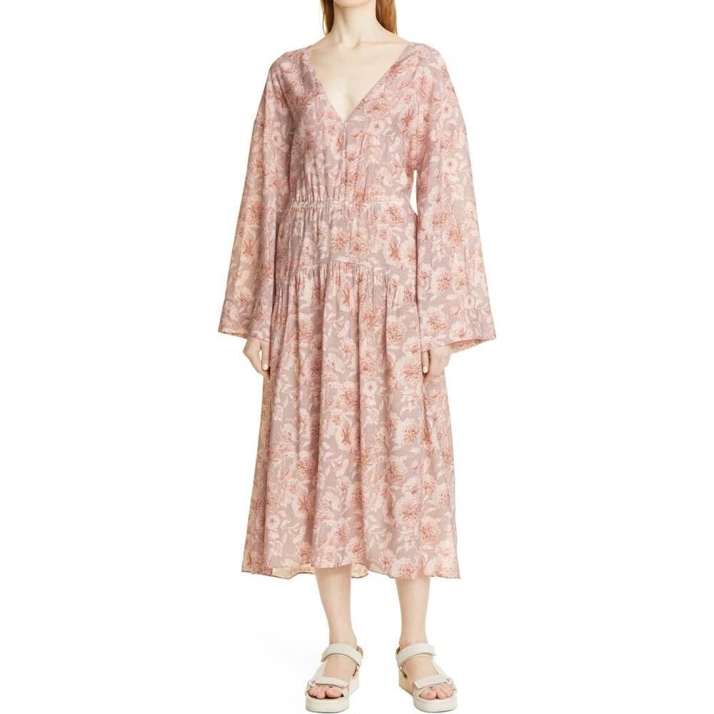 Vince Dahlia Print Long Sleeve Midi Dress Women's Small Beige Pink Floral NWT